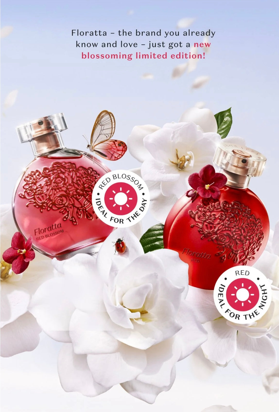 Limited edition!

Uncover a new kind of love with Floratta Red Blossom. This striking fragrance conveys a fresh floral sensation with top notes of bergamot, pear, apple and berries, inspired by those who seek a free romance, filled with sensuality and des