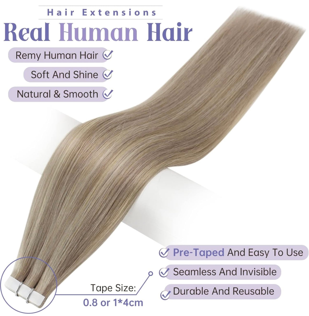 Full Shine Tape in Hair Extensions Human Hair 18inch Blonde Human Hair Tape in Extensions Remy Hair 18/22 Ash Blonde Highlight with Platinum Blonde Invisible Hair Extensions Tape in 20Pcs 50Grams