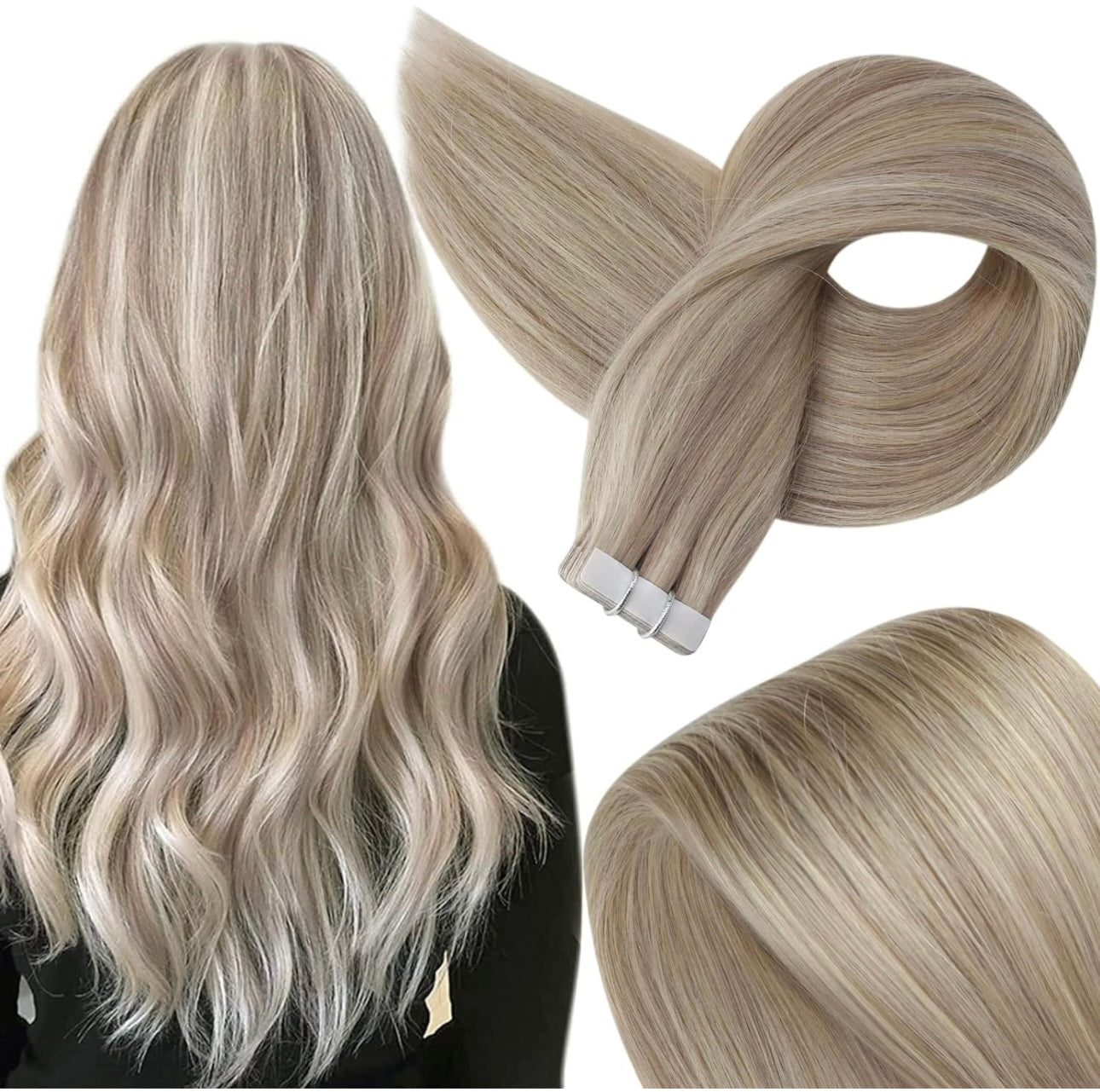 Full Shine Tape in Hair Extensions Human Hair 18inch Blonde Human Hair Tape in Extensions Remy Hair 18/22 Ash Blonde Highlight with Platinum Blonde Invisible Hair Extensions Tape in 20Pcs 50Grams