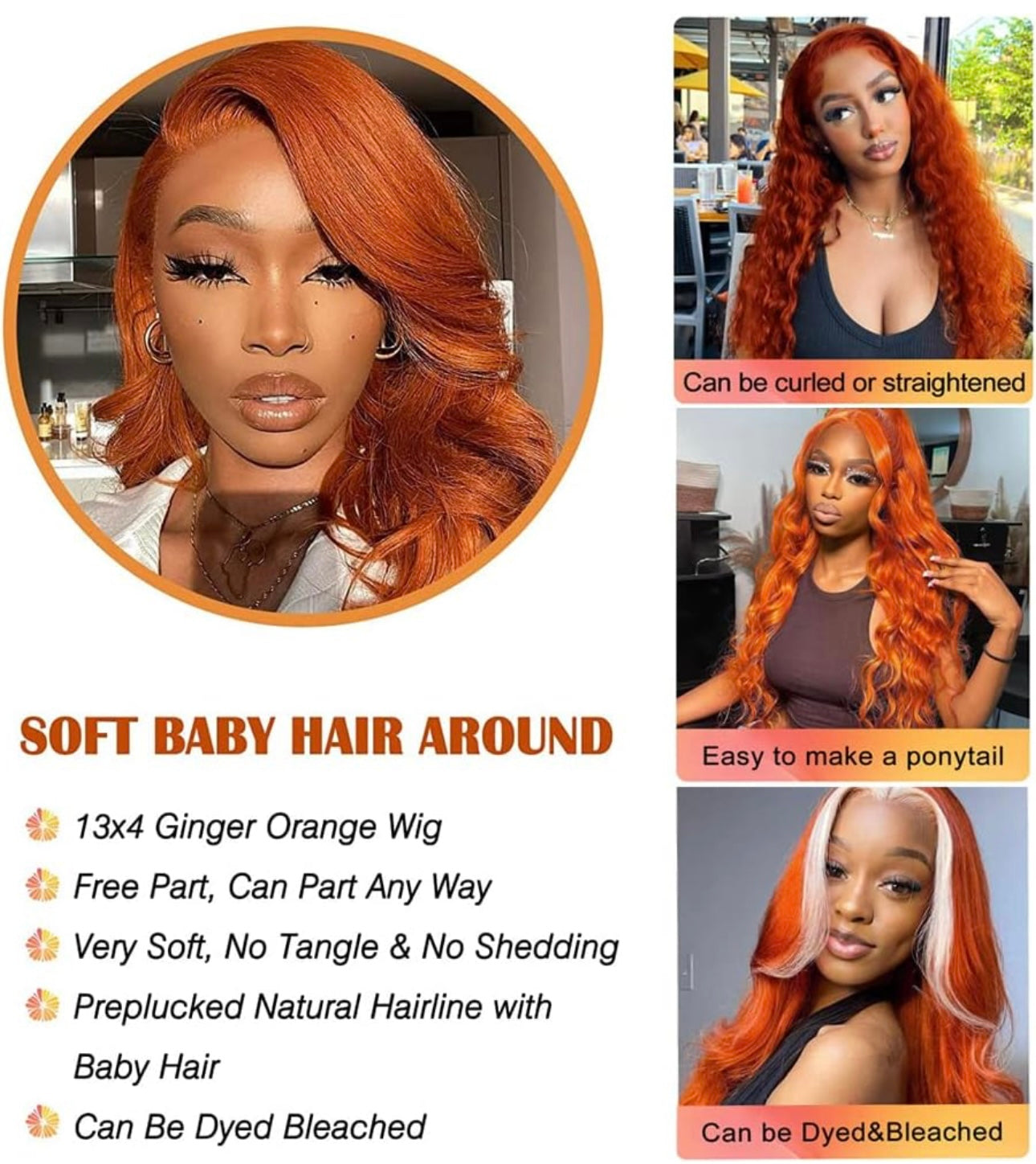 20 Inch Ginger Orange Lace Front Wig Human Hair 13X4 Brazilian Body Wave Human Lace Frontal Wig 180% Density Pre Plucked With Baby Hair for Women (20inch, Ginger Orange Body Wave Lace Front Wig)