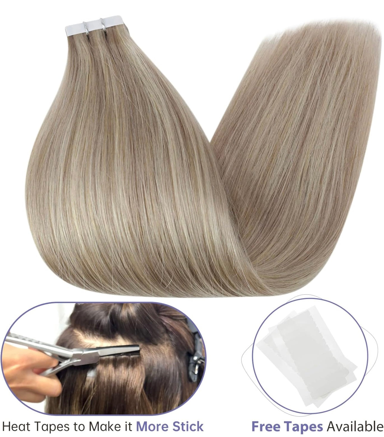 Full Shine Tape in Hair Extensions Human Hair 18inch Blonde Human Hair Tape in Extensions Remy Hair 18/22 Ash Blonde Highlight with Platinum Blonde Invisible Hair Extensions Tape in 20Pcs 50Grams